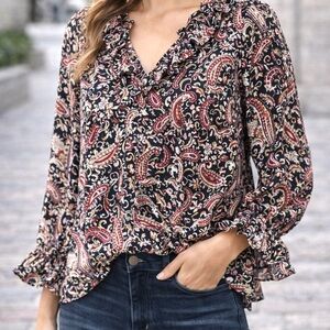 J.Jill Paisley Ruffle Blouse Boho Peasant Top Balloon Sleeve Size Medium